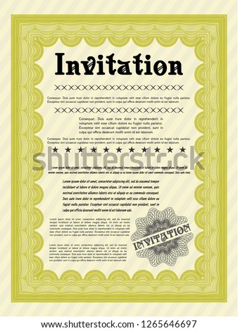 Yellow Invitation. Vector illustration. With guilloche pattern. Cordial design. 