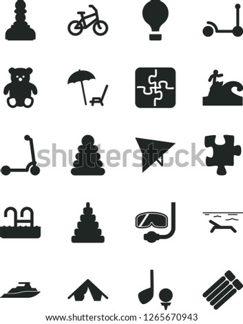 Solid Black Vector Icon Set - stacking rings vector, toy, small teddy bear, Kick scooter, child, Puzzle, Puzzles, pawn, air balloon, hang glider, bike, tent, beach, arnchair under umbrella, pool