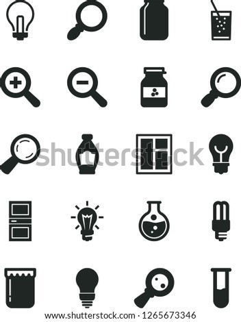 Solid Black Vector Icon Set - incandescent lamp vector, zoom, out, window, bulb, interroom door, a glass of soda, jam, jar, bottle, round flask, mercury light, magnifying, magnifier, test tube