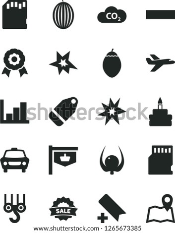 Solid Black Vector Icon Set - add bookmark vector, minus, negative histogram, winch hook, car, label, birthday cake, melon, tamarillo, physalis, CO2, vintage sign, sale, sd card, medal, bang, map