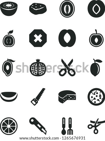 Solid Black Vector Icon Set - scissors vector, mark of injury, iron fork spoons, arm saw, stationery knife, cheese, pizza, piece meat, half pomegranate, plum, mango, peach, melon, cherry, lemon