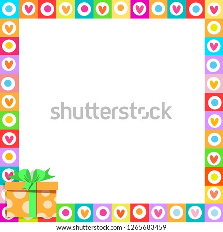 cute vibrant border photo frame made of doodle hearts with orange gift box with ribbon in corner. Rainbow colored template with copyspace for Valentine, birthday invitation, flyer, greeting card