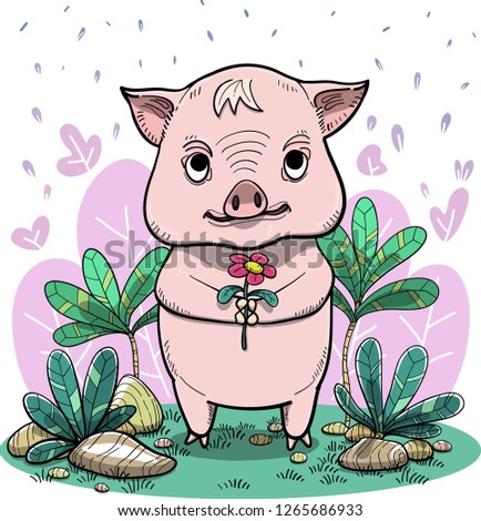 Cute pig with flower.