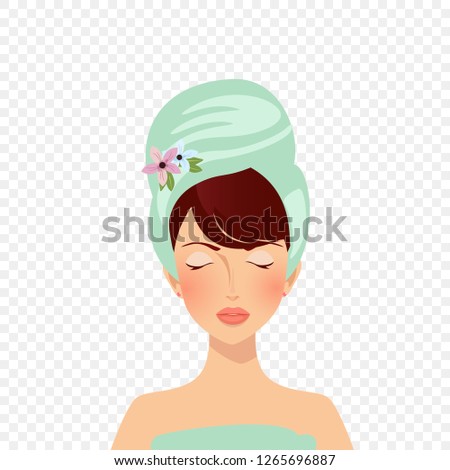 Beauty spa face, pretty woman in towel with closed eyes. Character portrait girl shining purity and relaxing. Fashion, style, beauty. Spa day. Vector illustration, fashion, style, clip art isolated.