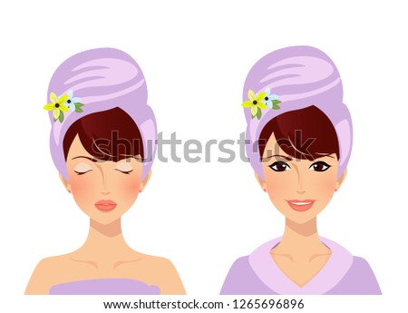 Vector set of cute girl character with towel turban on head before and after spa cosmetic procedures. Relaxing woman with closed eyes and smiling lady in bathrobe and happy face isolated clip art.