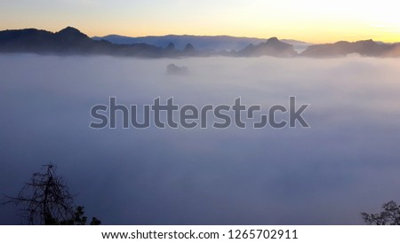 The dense fog on the mountain before the dawn sky.