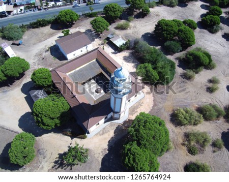 Aerial view  of lighthouse in Mazagon. Huelva, Andalusia,Spain. Drone Photo