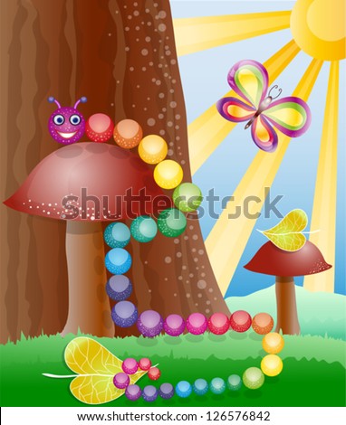 Cartoon picture with nature, butterfly and caterpillar