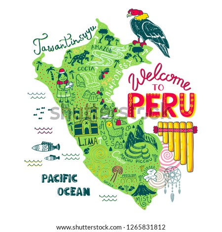 Illustrated map of Peru.  Vector illustration with all main tourist attraction of the country. Tawantinsuyu (quechua language) - The Inca Empire.
