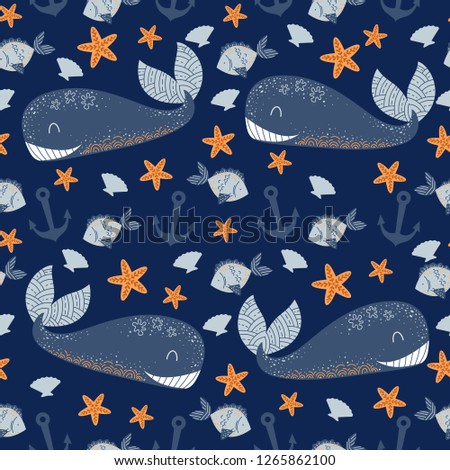 Marine seamless pattern, whale, anchor, starfish. Vector
