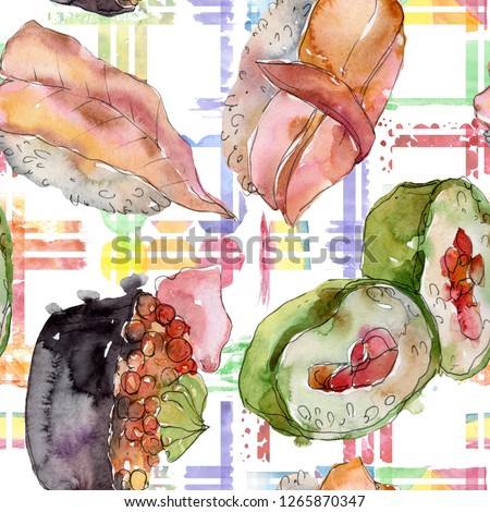 Watercolor sushi set of beautiful tasty japanese food illustration. Watercolour hand drawn objects isolated on white background. Seamless background pattern. Aquarelle fabric wallpaper print texture.