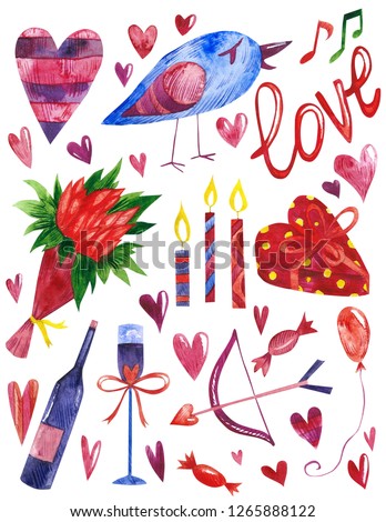 Valentine's Day set of elements watercolor illustration hearts gifts candy bird ball hand-drawing