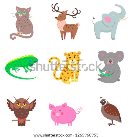 raster illustration of brown owl and quail, pink pig, gray koala and elephant, spotty jaguar, green iguana, domestic cat and horned deer. Nine icons with animals for children in cartoon design.