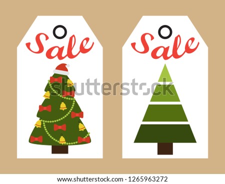 Sale New Year stickers set with images of symbolic tree decorated with garlands, bows and bells, hat of Santa Claus on top on raster illustration