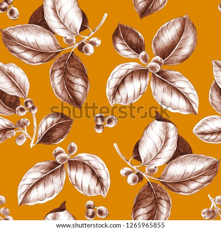 
Pattern coffee branches. Drawn coffee grains with leaves on an orange background. Seamless texture for wallpapers, textile, wrapping, fabrics, notebook, ceramics, postal packaging .