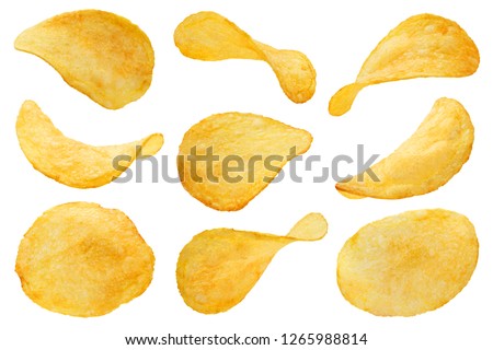 Collection of potato chips, isolated on white background Royalty-Free Stock Photo #1265988814