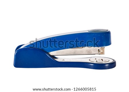 Blue office stapler with metal brackets are isolated on white background