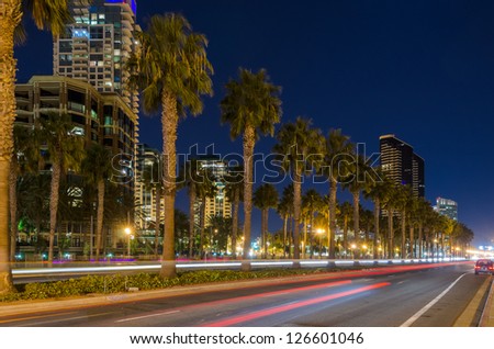 Fantastic view of modern city at night in San Diego, CA, USA