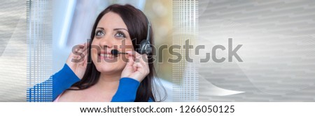 Smiling pretty woman using an headset. panoramic banner