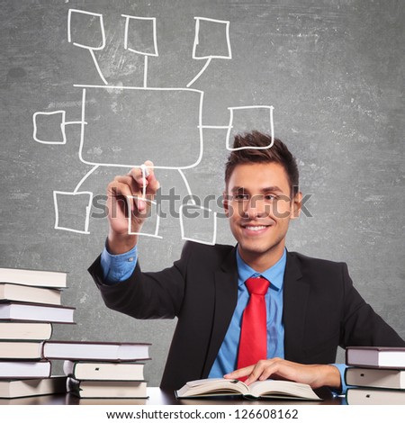 business man drawing a blank checkbox list, while sitting at his desk full of books