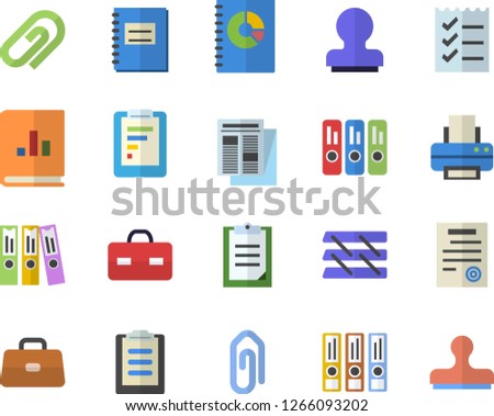 Color flat icon set graphic report flat vector, news, book balance accounting, briefcase, clipboard, notebook, folder, to do list, printer, paper tray, contract, stamp, folders for papers, clip