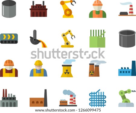 Color flat icon set builder flat vector, factory, manufactory, plant, conveyor, construction worker, fabric manufacture, pipe production, robotics, metallurgy, nuclear power, industrial robot