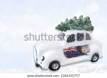 A miniature white Christmas car with a flag of Turks and Caicos Islands.