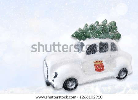 A miniature white Christmas car with a flag of Navarra coat of arms.