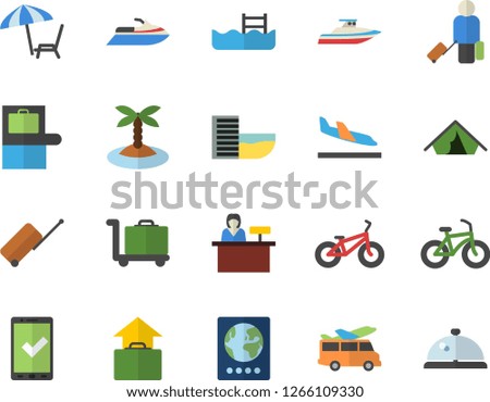 Color flat icon set bicycle flat vector, pool, luggage fector, baggage claim, passport, check in, tent, hotel first line, arrival, hand, chaise lounge, island, trolley, transfer, reception desk