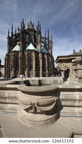 Prague - historic Caratti Fountain at Prague Castle by St. Vitus Cathedral