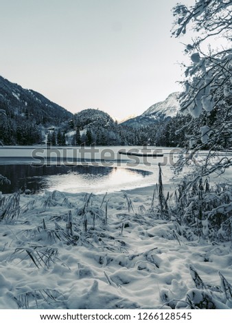 Landscape of the frozen lake Piburger See in Oetztal, Austria with the Acherkogel in the background. Winter mood, snow in the mountains, Europe
