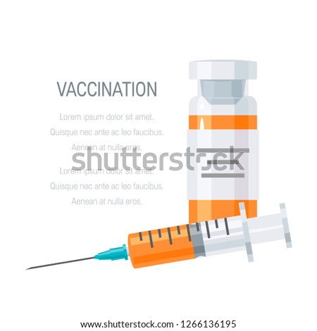 Vaccination concept. Syringe and bottles of vaccine, vector illustration in flat style. Square template for brochure or web banner Royalty-Free Stock Photo #1266136195