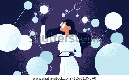 Female scientist in lab coat checking artificial neurons connected into neural network. Computational neuroscience, machine learning, scientific research. Vector illustration in flat cartoon style. Royalty-Free Stock Photo #1266139540