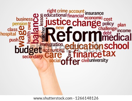 Reform word cloud and hand with marker concept on white background.