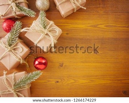Flat lay,top view Christmas,new year ornaments and gift boxes on wooden background with copy space 
