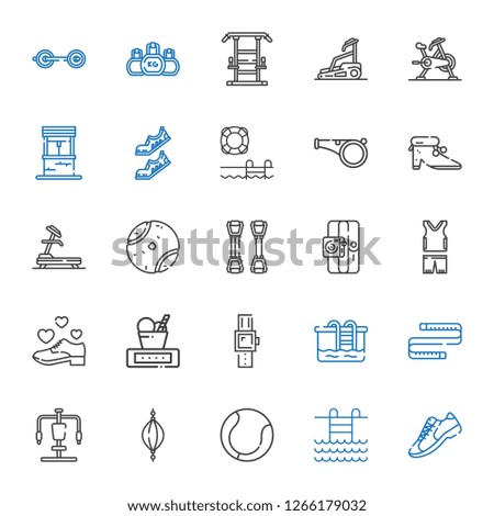 fitness icons set. Collection of fitness with sneakers, swimming pool, tennis, punching ball, gym station, measuring tape, pool, smartwatch. Editable and scalable fitness icons.