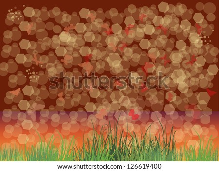 illustration with butterflies in green grass at red sunset