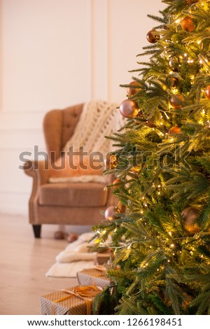 Christmas interior with tree, holiday.