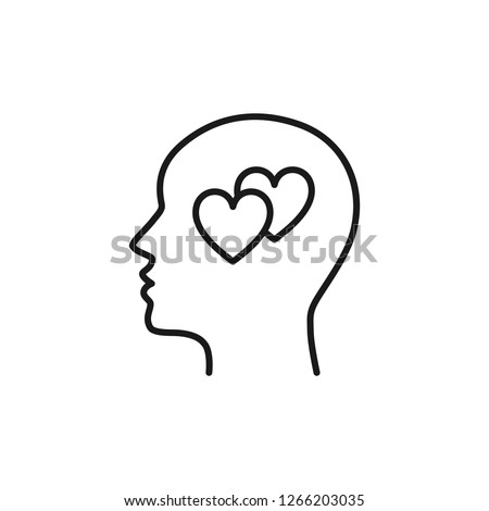 Black isolated outline icon of head of man and two hearts on white background. Line icon of head of man and hearts. Love think. Flat design.