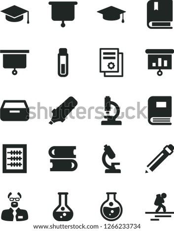 Solid Black Vector Icon Set - graphite pencil vector, new abacus, e, books, drawer, square academic hat, round flask, text highlighter, scientific publication, presentation, test tube, microscope