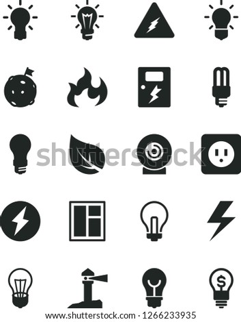 Solid Black Vector Icon Set - lightning vector, incandescent lamp, window, power socket type b, dangers, bulb, lens, leaf, light, mercury, coastal lighthouse, electricity, flame, flag on moon, idea