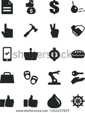 Solid Black Vector Icon Set - scribbled paper vector, dollar, shoes for little children, hammer with claw, core, index finger, thumb up, apple pie, fig, half of medlar, assembly robot, hand shake