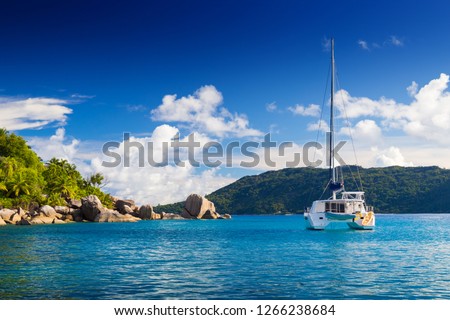 Amazing tropical beach with granite boulders, Felicite, Seychelles Royalty-Free Stock Photo #1266238684