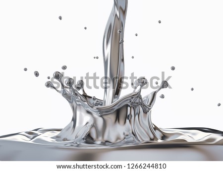 Liquid silver chromed splash close up. Side view on white background. Liquid metal crown splash.