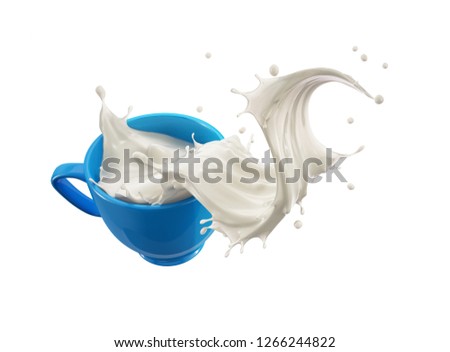 Blue cup mug full of fresh milk with spilling splash. Isolated on white background.