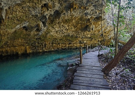 Wooden Walkway Surrounded by Forest, Stone Cave, and Bright Blue River