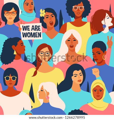 Female diverse faces of different ethnicity seamless pattern. Women empowerment movement pattern. International women´s day graphic in vector. Royalty-Free Stock Photo #1266278995