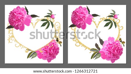 Vector wedding invitations set with pink peonies on white background. Romantic tender floral design for wedding invitation, save the date and thank you cards. Valentine's day.With place for text 