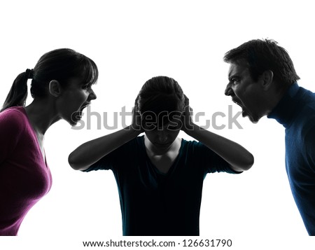 one caucasian family father mother daughter dispute screaming  in silhouette studio isolated on white background