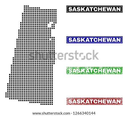 Dot vector abstract Saskatchewan Province map and isolated clean black, grunge red, blue, green stamp seals.